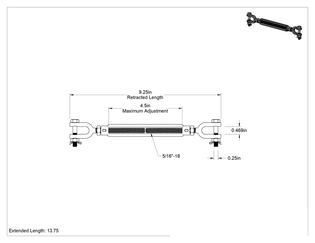 Teknik Çizim - Kaldırma için Çatal-Çatal Gerdirme, 800 lb. Kapasite, 9-1/4" Geri Çekilmiş Uzunluk