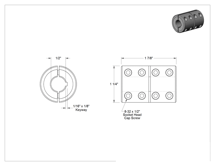 Teknik Çizim - Üç Parçalı Mil Kaplini, 303 Paslanmaz Çelik, 1/2" x 1/2" Çaplı Kamalı Mil için