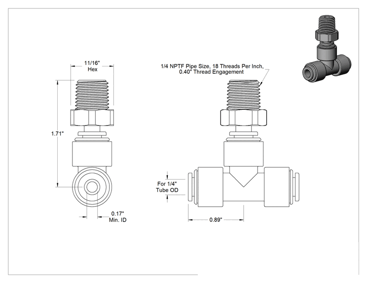 Teknik Çizim - Gıda ve İçecek için İt-Bağlantı Elemanı, Hat Üstü Döner T, 1/4" Boru Dış Çapı için, 1/4 NPTF Erkek, Siyah