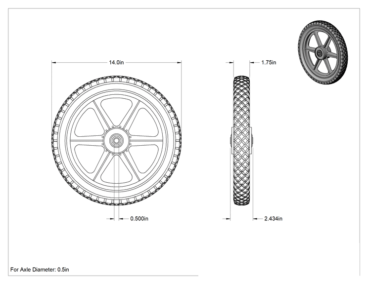 Teknik Çizim - Çivili İçi Boş, Patlamayan Düz Tekerlek, Polipropilen Plastik Çekirdek, 14" Çap x 1-3/4" Genişlik