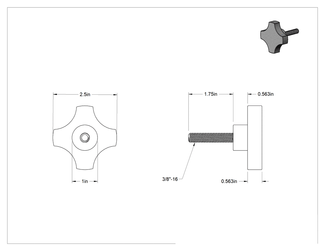 Teknik Çizim - Siyah Oksit Çelik Dört Kollu Topuz, 3/8"-16 Dişli Saplamalı
