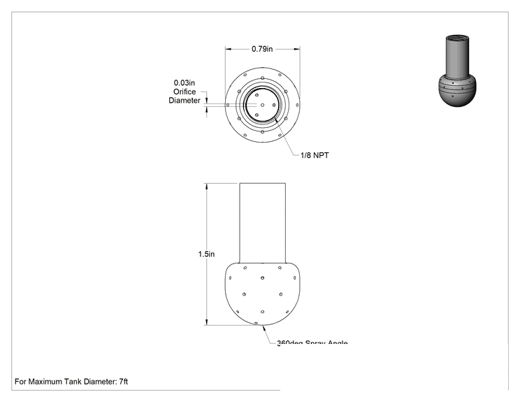 Teknik Çizim - Tank Yıkama Nozulu, 316 Paslanmaz Çelik, 1/8 NPT Dişi, 20 PSI'da 3.5 gpm