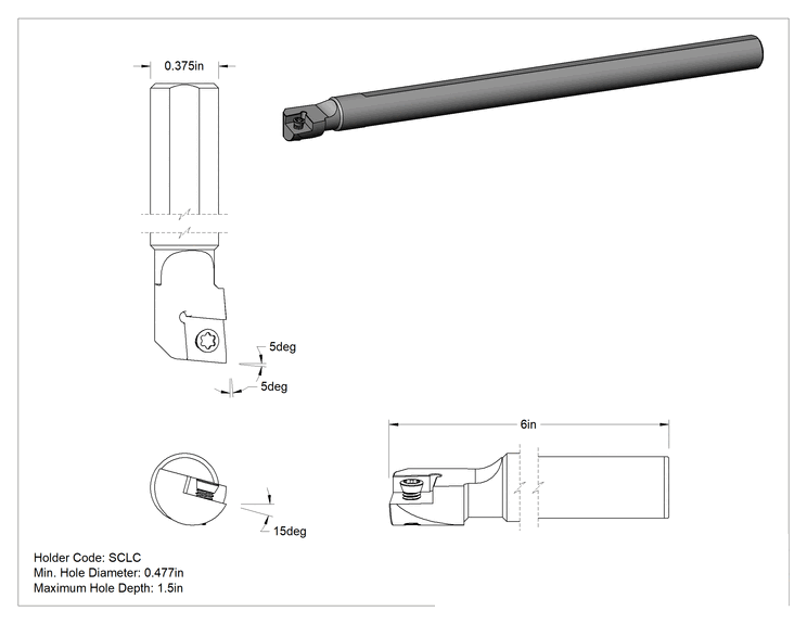 Teknik Çizim - Delik Açma Karbür Uç Tutucu, Kod SCLC, Sağ Yönlü, 3/8" Şaft Çapı, 3/32" uç kalınlığı için