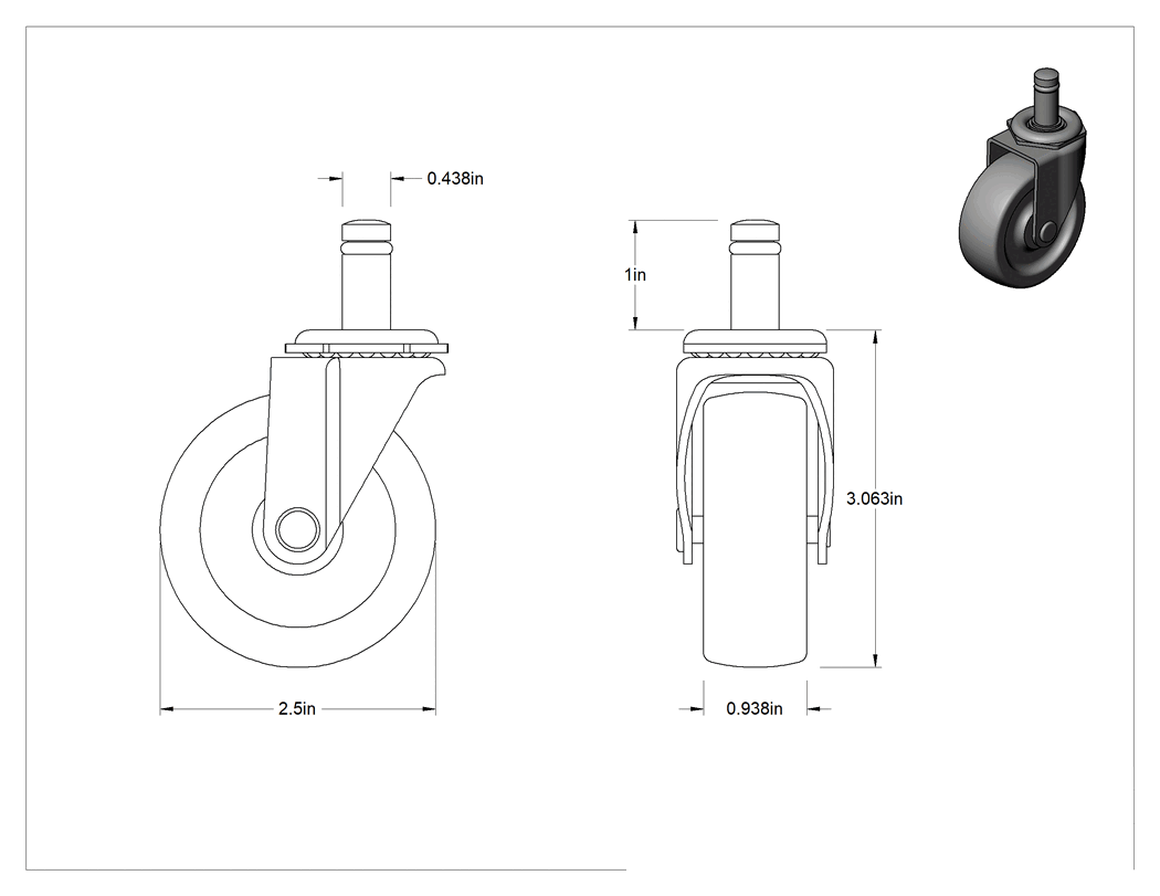 Teknik Çizim - Tutuş Halkalı Sürtünmeli Tutuşlu Saplı Tekerlek, 2-1/2" Çap x 15/16" Genişlik 75A Kauçuk Tekerlekli Döner