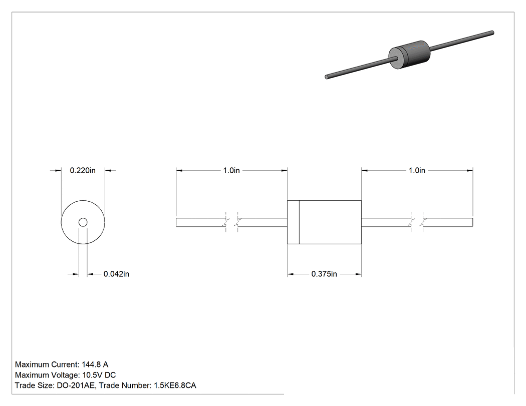 Teknik Çizim - Aşırı Gerilim Bastırıcı Diyotlar, Çift Yönlü, 1500W Güç Dağılımı, 10.5 V DC Maksimum