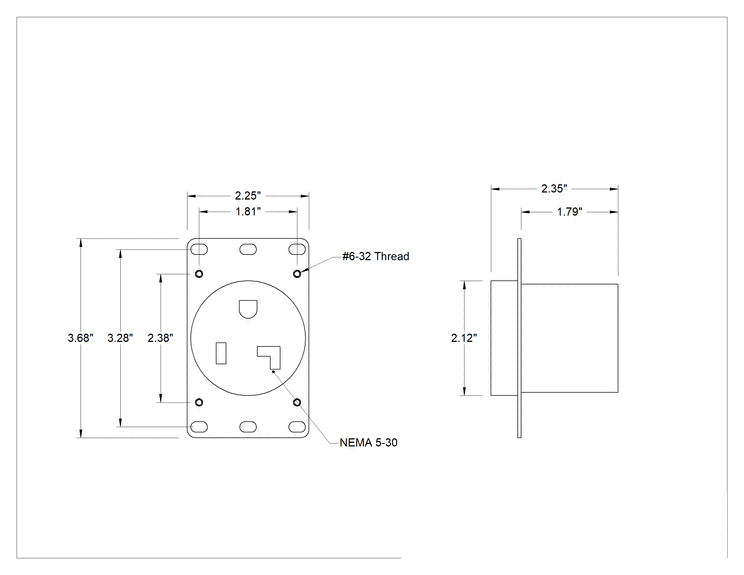 Teknik Çizim - Premium Düz Bıçaklı Konektör, Üç Yuvalı Dişi Priz, NEMA, 5-30