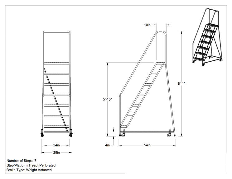 Teknik Çizim - Yuvarlanan Platform Merdiveni, 7 Delikli Basamaklı, 8'4" Toplam Yükseklik x 29" Toplam Genişlik x 54" Toplam Derinlik