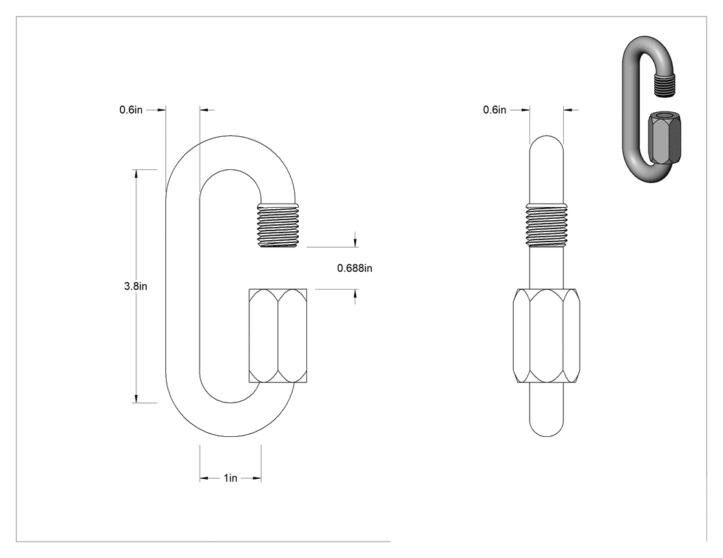 Teknik Çizim - Oval Hızlı Bağlantı, Kaplamalı Çelik, 9/16" Kalınlık, 11/16" Açıklık, Kaldırma Amaçlı Değildir
