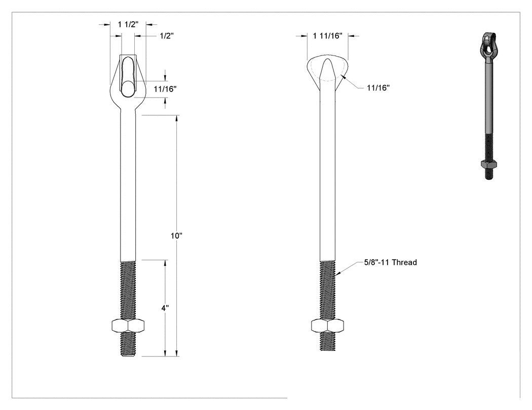 Teknik Çizim - Tel Halat için Yönlendirme Halkalı Cıvatası - Kaldırma Amaçlı Değildir, 5/8"-11 Diş Boyutu, 1/2" Göz Çapı