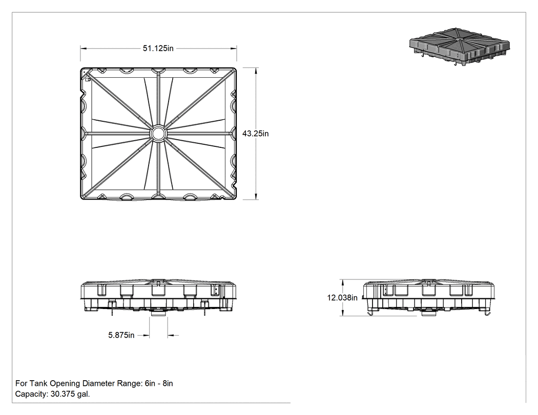 Teknik Çizim - Tank Hunisi, 30-3/8 Galon Kapasite, 43-1/4" Uzunluk x 51" Genişlik Üst