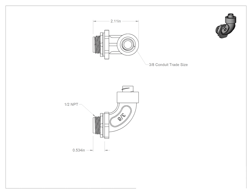Teknik Çizim - 3/8 Vidalı x 1/2 NPT, Sıvı Geçirmez Esnek Plastik Kanal için Siyah 90 Derece Dirsek