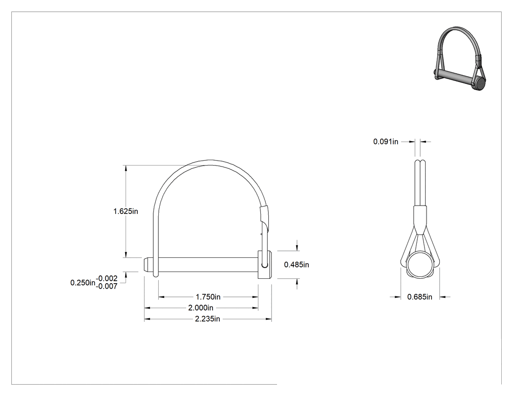 Teknik Çizim - Tel Tutuculu Çatal Pimi, 1008-1018 Çelik, Halkalı Yuvarlak, 1/4" Çap, 1.75 inç Kullanılabilir Uzunluk
