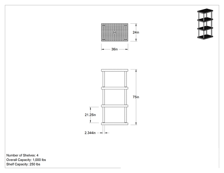 Teknik Çizim - Hızlı Montajlı Havalandırmalı Plastik Raf, 4 Raflı, 36" Genişlik x 75" Yükseklik x 24" Derinlik