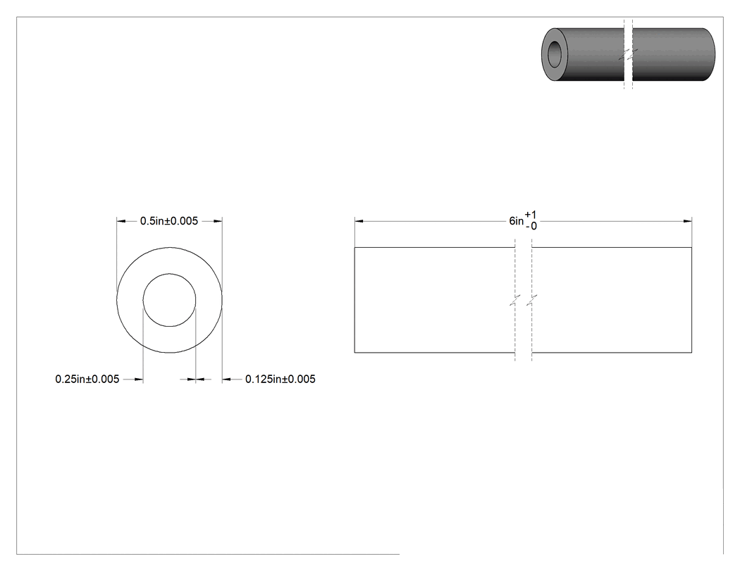 Teknik Çizim - Beyaz Delrin® Asetal Reçine Tüp, Sıkı Tolerans, 1/2" Dış Çap x 1/4" İç Çap, 6 inç Uzunluk
