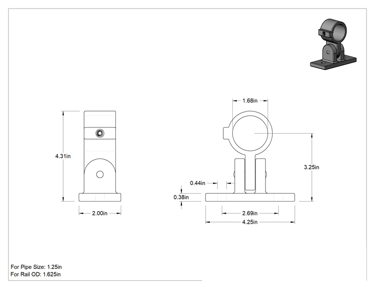 Teknik Çizim - Alüminyum Giydirme Bağlantı Parçası, Delikli Ayarlanabilir Açılı Ray Desteği, 1-5/8" Ray Dış Çapı