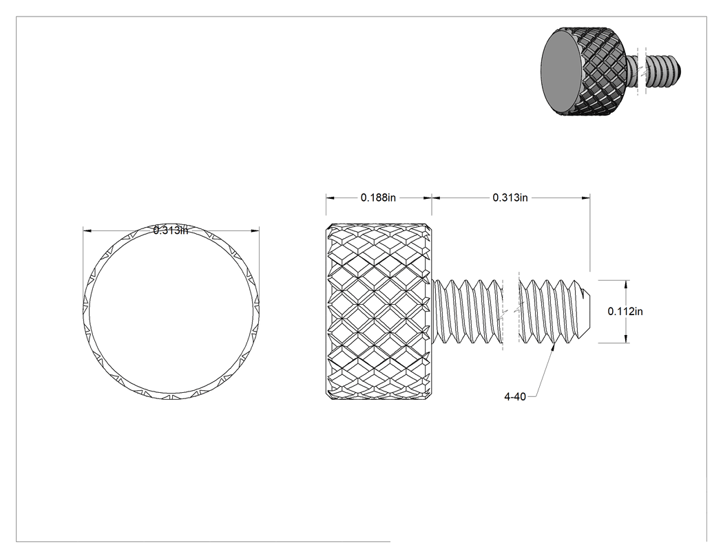 Teknik Çizim - Tırtıllı Başlı El Vidası, Paslanmaz Çelik, Düşük Profilli, 4-40 Diş Boyutu, 5/16" Uzunluk, 5/16" Çaplı Başlık