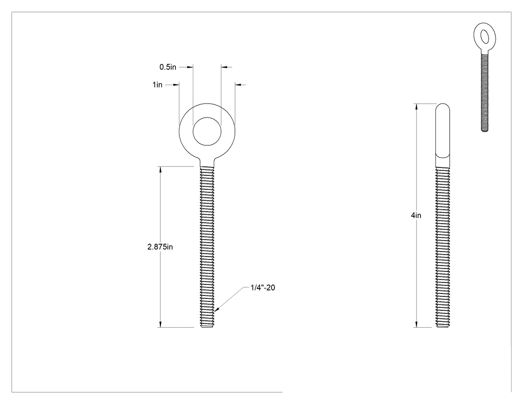 Teknik Çizim - Dövme Galvanizli Çelik Gerdirme, Sadece Göz Uçlu Bağlantı Parçası, 1/4"-20 Sol Dişli
