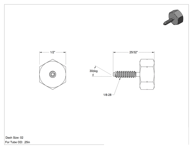 Teknik Çizim - Çelik Boru için 30 Derece Havşalı Bağlantı Parçası, 1/4" Dış Çaplı Boru için Fiş