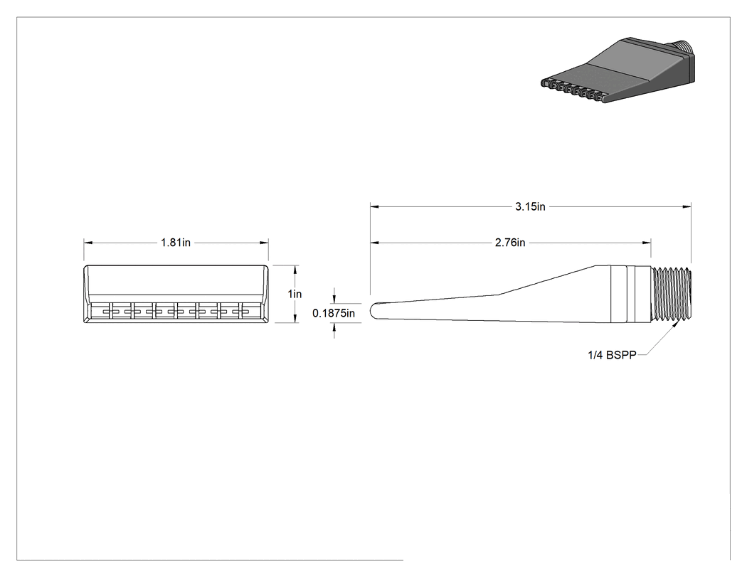 Teknik Çizim - Geniş Hava Akışlı Hava Nozulu, Çinko, 1/4 BSPP Erkek Giriş, 22 CFM @ 85 PSI