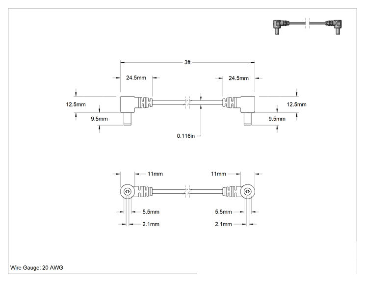 Teknik Çizim - Fıçı Tipi DC Güç Kablosu, 2.1 mm iç çap 90 derece dirsek fişleri, 20 AWG, 3 Fit Uzunluk