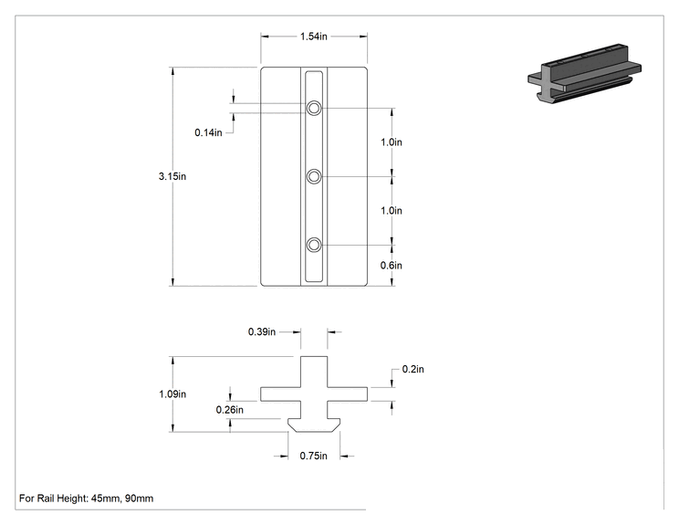 Teknik Çizim - T-Yuvalı Çerçeve Rayı Kaydırma Parçası, T x Düz, 45 mm Yükseklikte Tek Ray için