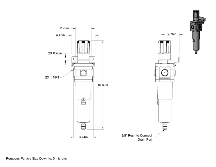 Teknik Çizim - SMC Modüler Basınçlı Hava Filtresi/Regülatörü, Parçacık Giderme, Seri Numarası 60, Naylon, 1 NPT Dişi