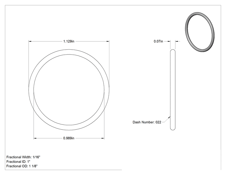Teknik Çizim - Kimyasallara Dayanıklı Viton® Floroelastomer O-Ring, Süper Esnek, 1/16 Kesirli Genişlik, Dash No. 022