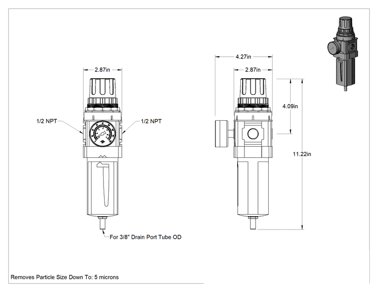 Teknik Çizim - Parker Basınçlı Hava Filtresi/Regülatörü, P33 Serisi, Otomatik Tahliye, 1/2 NPT Dişi