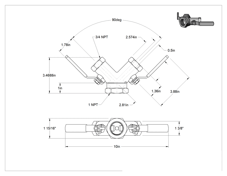 Teknik Çizim - Hava Açma/Kapama Valfi, 1 NPT Dişi x 3/4 NPT Dişi