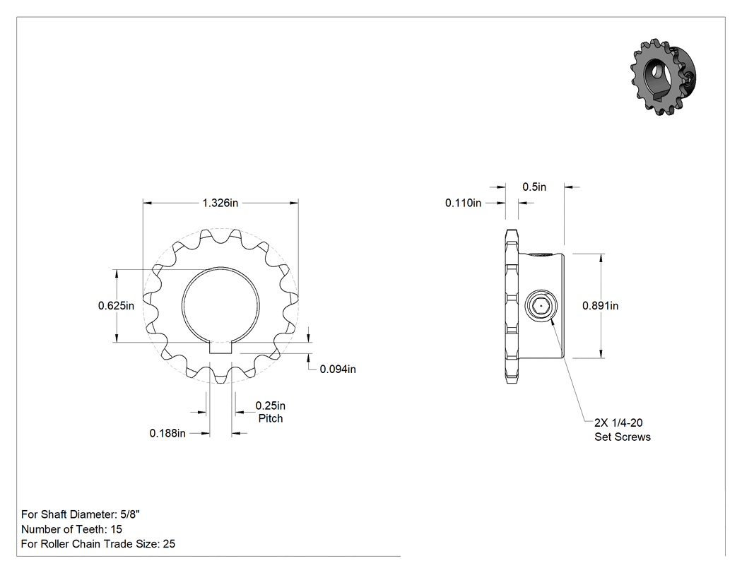 Teknik Çizim - Çelik Tek Sıralı Dişli, ANSI 25 Makaralı Zincir ve 5/8" Mil Çapı için, 15 Diş