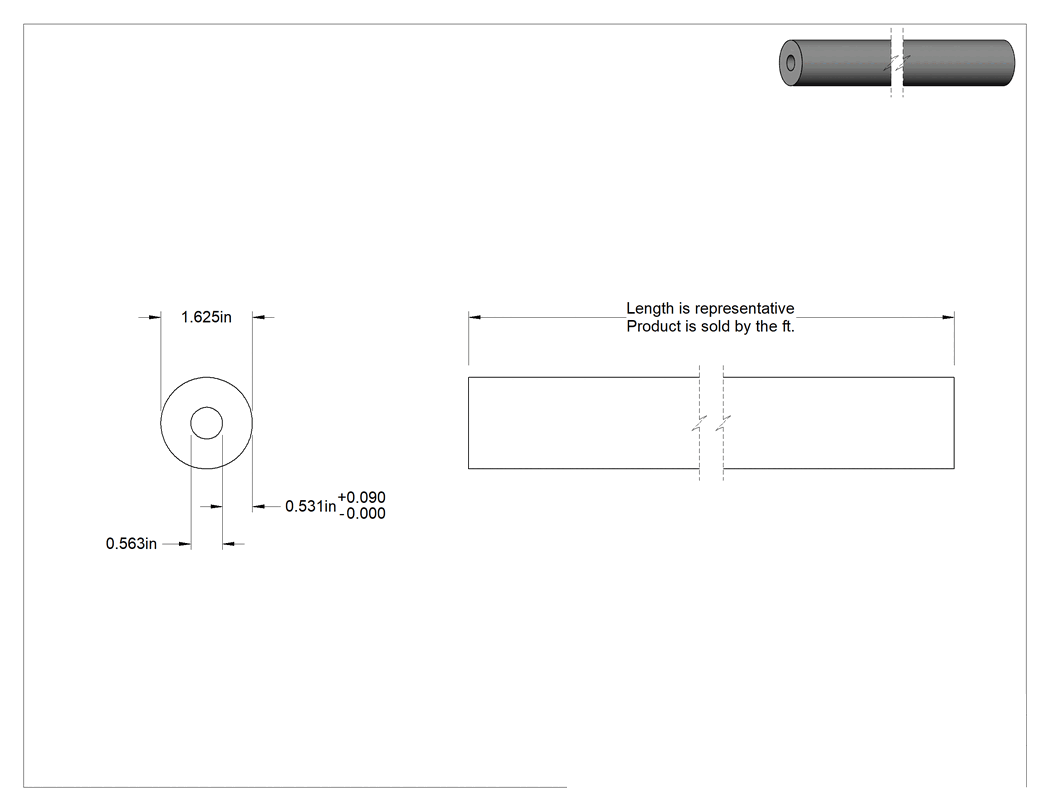 Teknik Çizim - Yüksek Sıcaklık CPVC Boru, 1-5/8" Dış Çap x 9/16" İç Çap