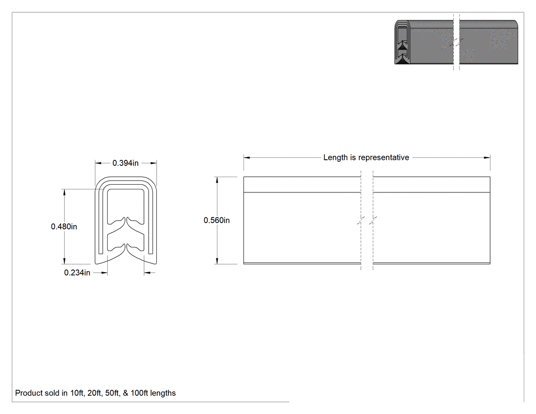 Teknik Çizim - Güçlendirilmiş Kenar Çıtası, EPDM Kauçuk, 15/64" Genişlik x 31/64" İç Yükseklik