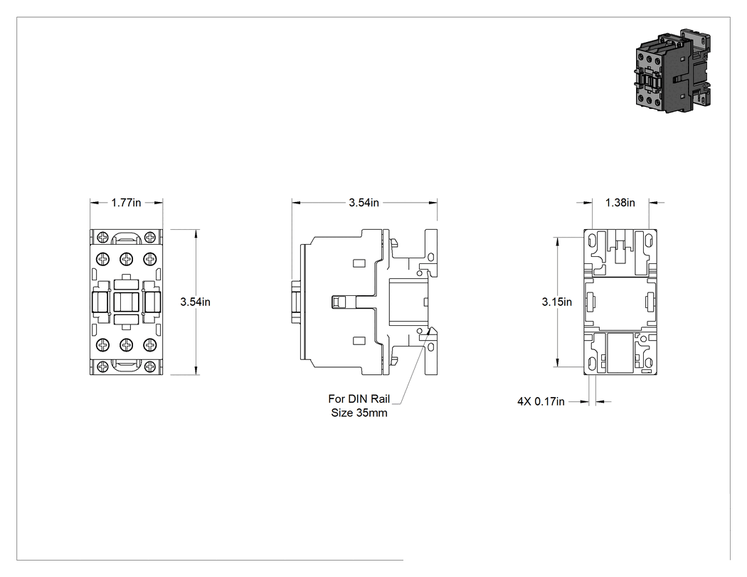 Teknik Çizim - Dokunmaya Dayanıklı DIN-Ray Nadir Döngü Rölesi, 3PST-NO, 24 V AC Giriş, 600 V AC'de 40 A Tam Yük