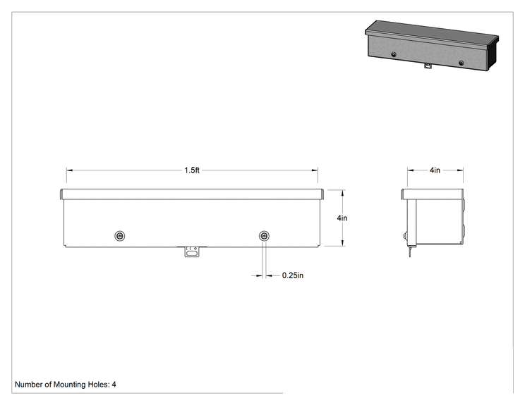 Teknik Çizim - Hava Koşullarına Dayanıklı Kapalı Oluklu Kablo Kanalı, Bağlantı ve Topraklama Saplamalı, 4 inç Genişlik x 4 inç Derinlik, 1-1/2 Fit Uzunluk