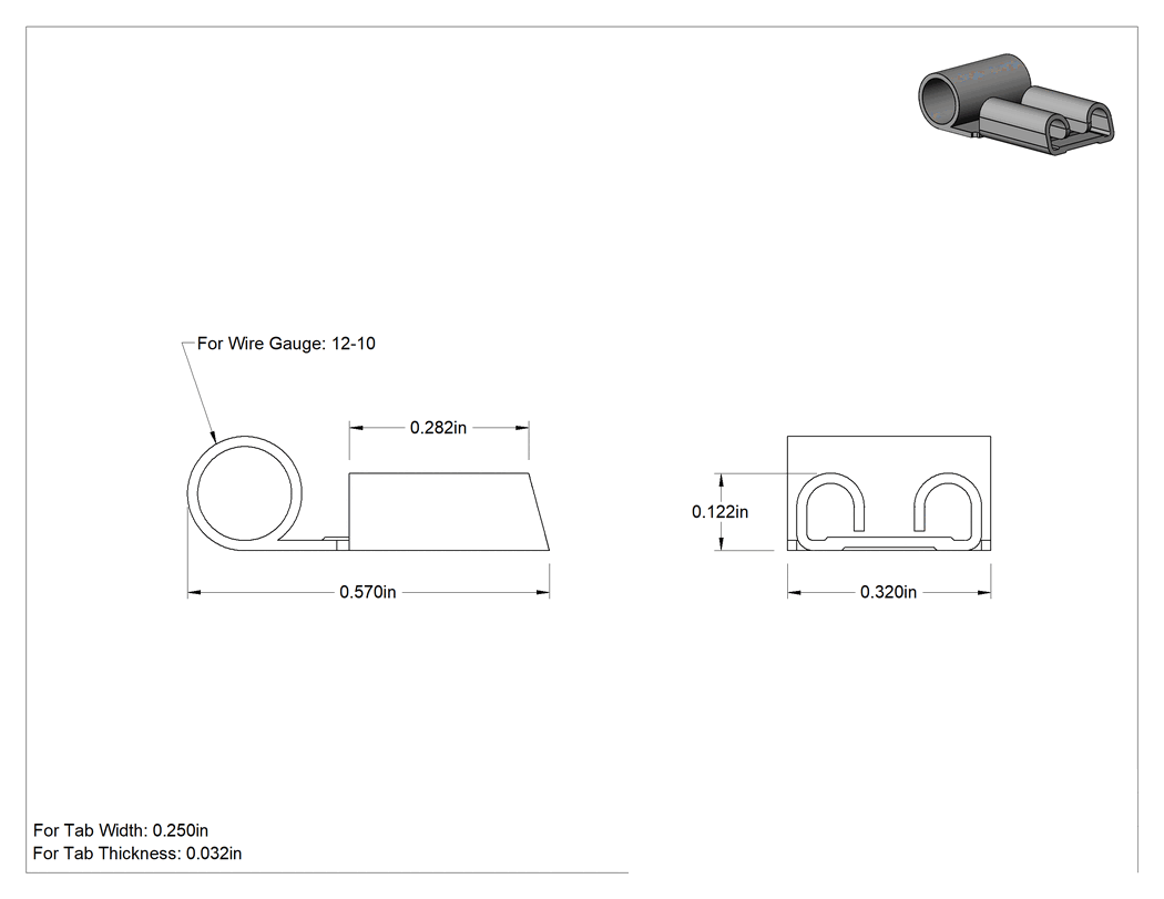 Teknik Çizim - Yalıtımsız 90 Derece Bayraklı Faston Terminaller, 12-10 AWG için, 0.250" Genişlik x 0.032" Kalınlık Çıkıntı