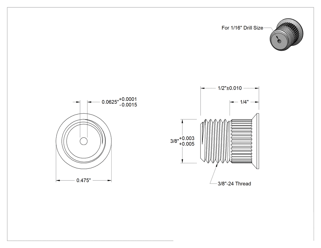 Teknik Çizim - İnce Metal için Çıkarılabilir Matkap Burcu, 0.0625" İç Çap, 3/8" Dış Çap, 3/8"-24 Diş Boyutu