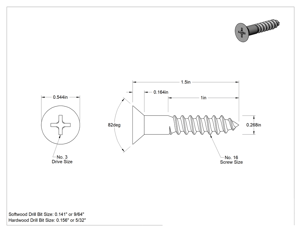 Teknik Çizim - Ahşap için Phillips Havşa Başlı Vidalar, Çinko Kaplı Çelik, 16 Numaralı Boyut, 1-1/2" Uzunluk