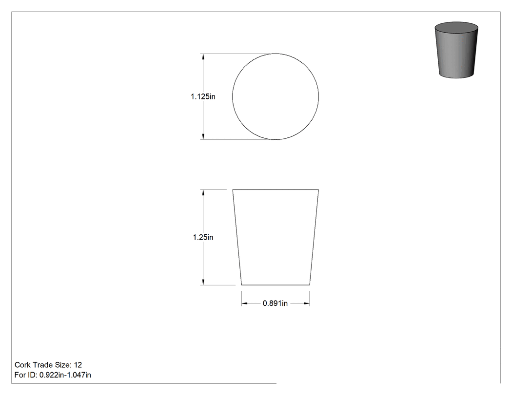 Teknik Çizim - Mantar Konik Tapalar, Anma Ölçüsü 12, 59/64" ila 1-3/64" İç Çap için