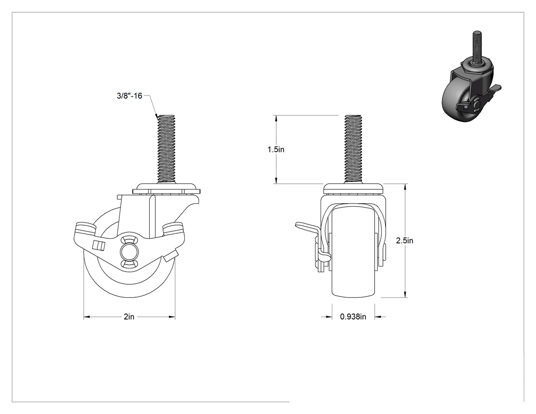 Teknik Çizim - Statik Kontrol Döner Tekerlek, Frenli, Düşük Profilli, 3/8"-16 Dişli Mil