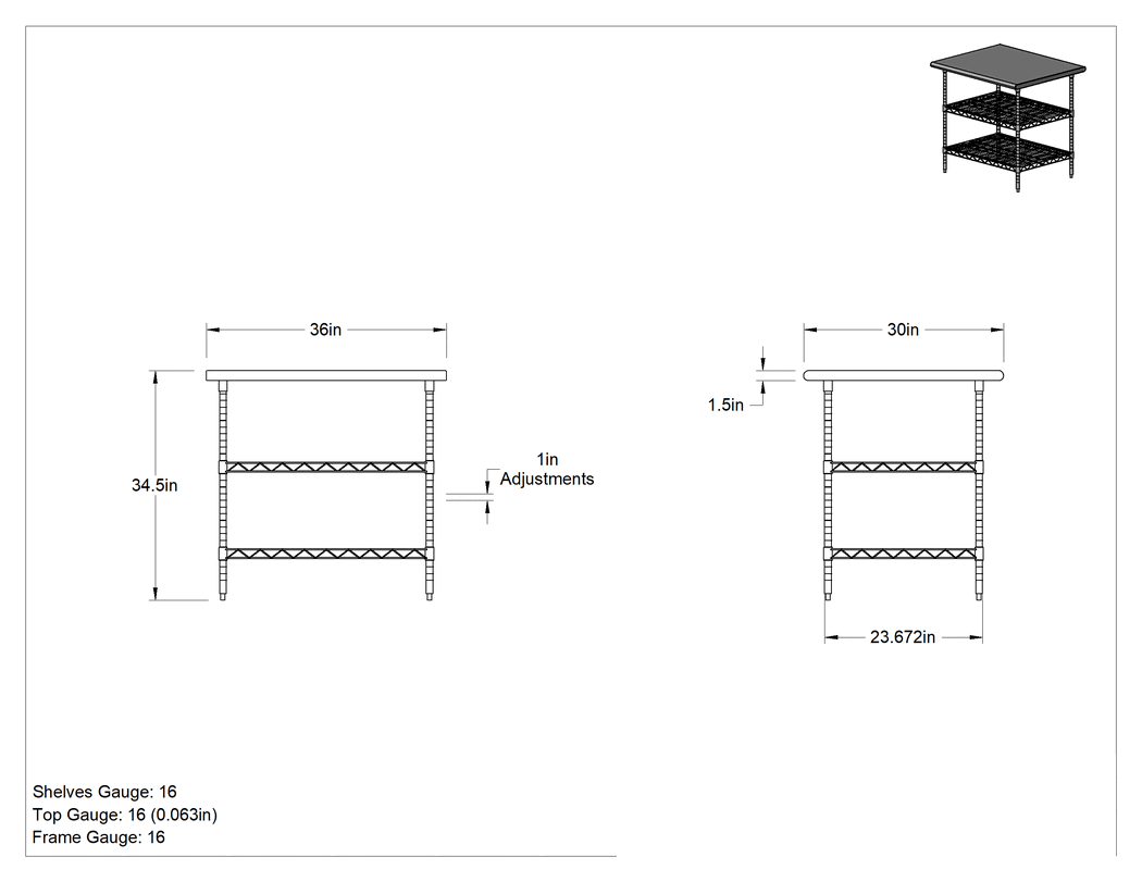 Teknik Çizim - Tel Raflı Paslanmaz Çelik Masa, Sabit, 34-1/2" x 36" x 30", 1925 lbs. Toplam Kapasite