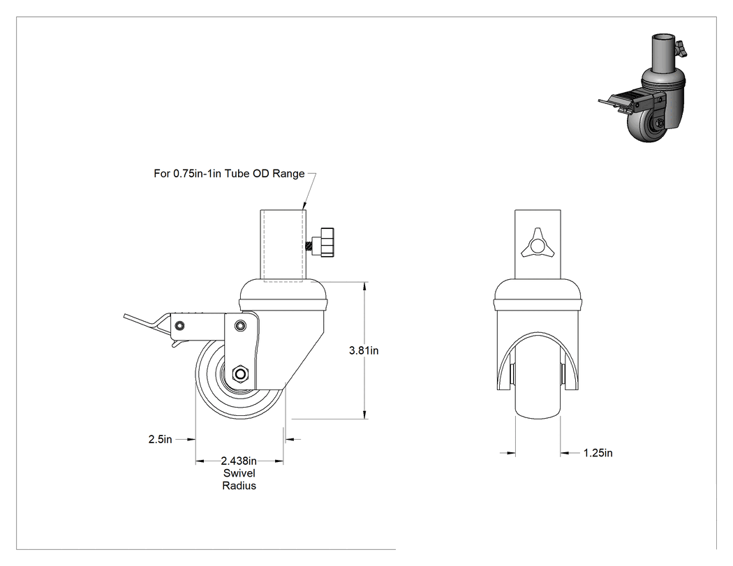 Teknik Çizim - Soket Döner Tekerlek, Frenli, 3/4" ila 1" boru dış çapı için