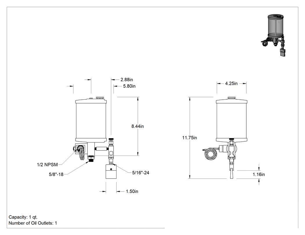 Teknik Çizim - Elektrikle Çalışan Yağ Dağıtıcı, Akış Ayar Valfi ve Fırçalı, 24V DC, 32 oz. Kapasite