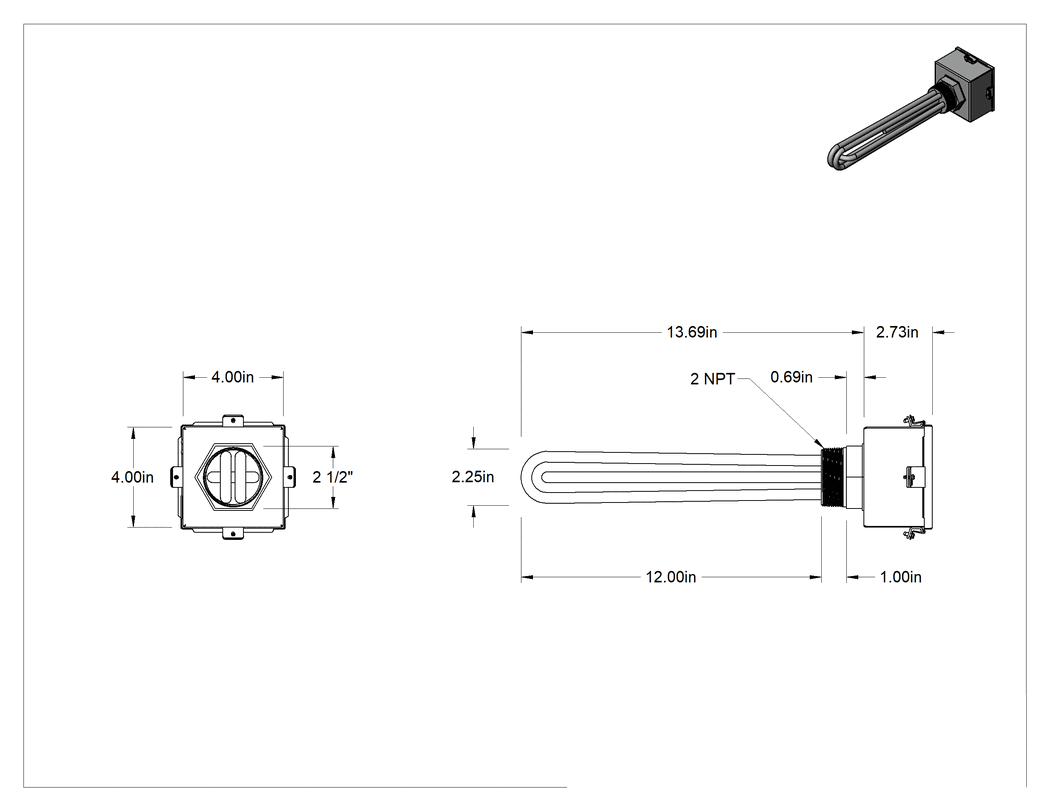Teknik Çizim - Hijyenik Vidalı Tapa Daldırma Isıtıcı, Su için, 240V AC, Üç Fazlı, 4500W