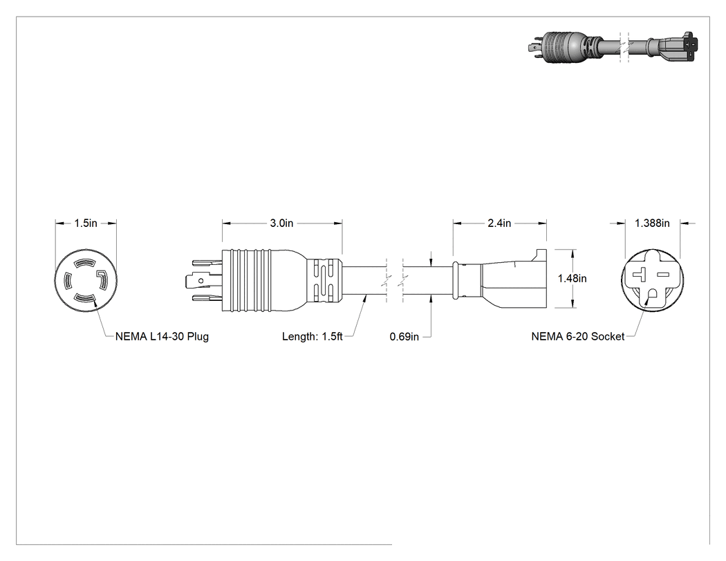 Teknik Çizim - NEMA L14-30 Fiş x NEMA 6-20 Priz Adaptörü