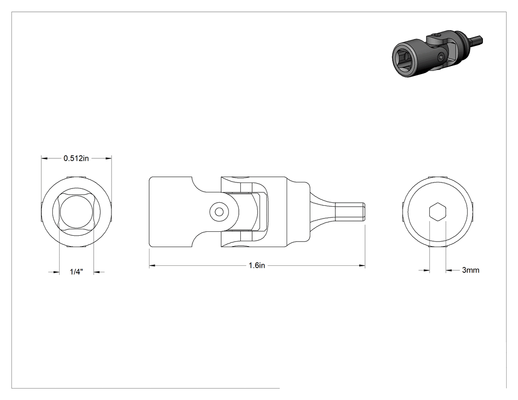 Teknik Çizim - Esnek Altıgen Uçlu Soket, 1/4" Kare Tahrik, 3 mm Tahrik Boyutu