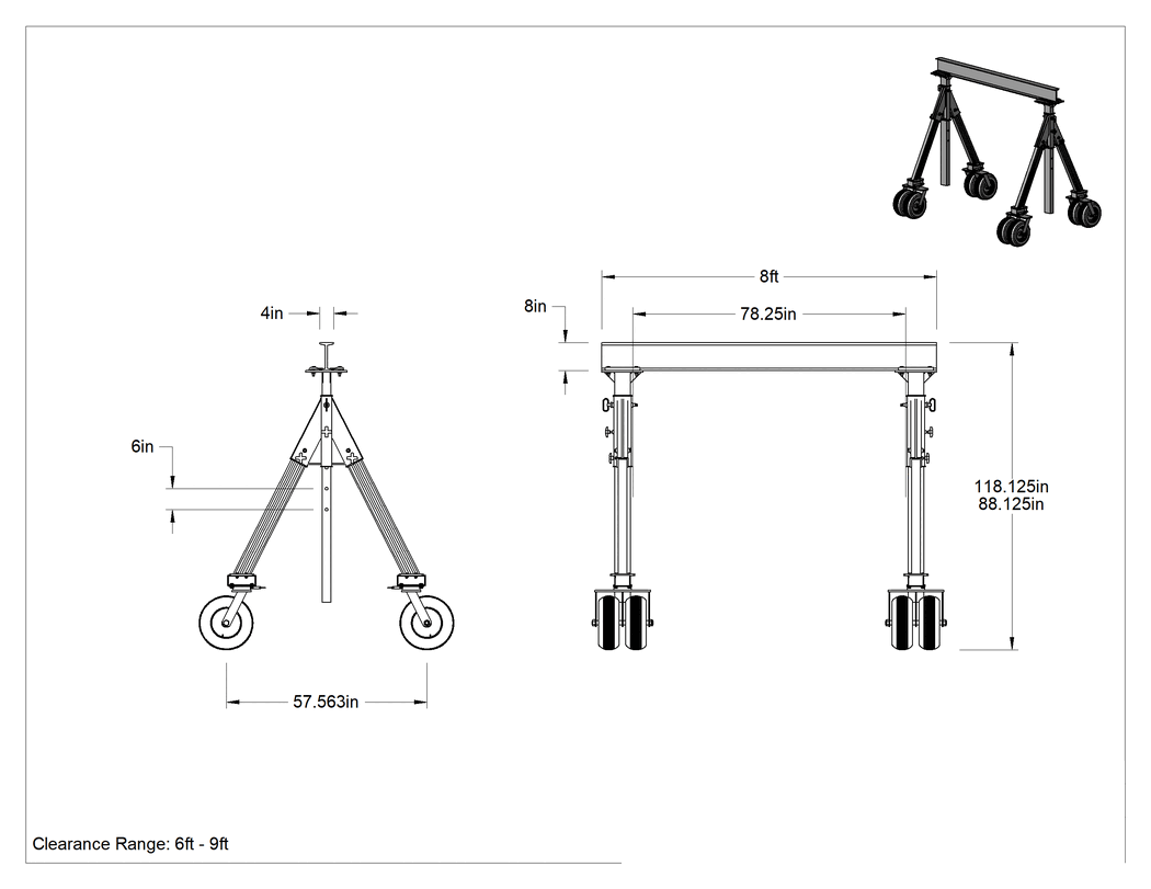 Teknik Çizim - Pürüzlü Yüzeyler için Ayarlanabilir Portal Vinç, 2 Ton Kapasite, 6 Fit ila 9 Fit Boşluk