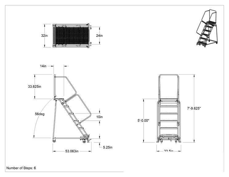 Teknik Çizim - Montajlanmamış Tırtıklı Platformlu Tekerlekli Merdiven, 6 basamaklı, 5' Yükseklik x 14" Derinlik Platform, 7'9" Toplam Yükseklik