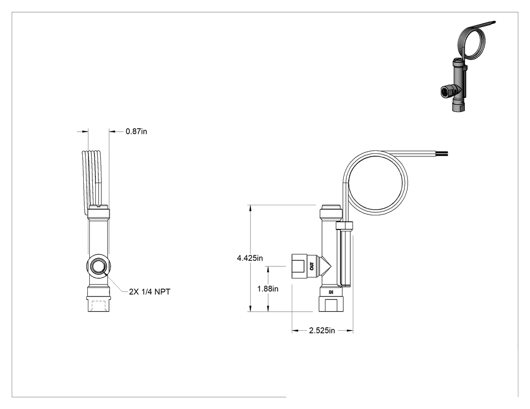 Teknik Çizim - Sabit Ayar Noktalı Akış Anahtarı, Dirsek, PPS, 1/4 NPT Dişi, 0.1 gpm Ayar Noktası