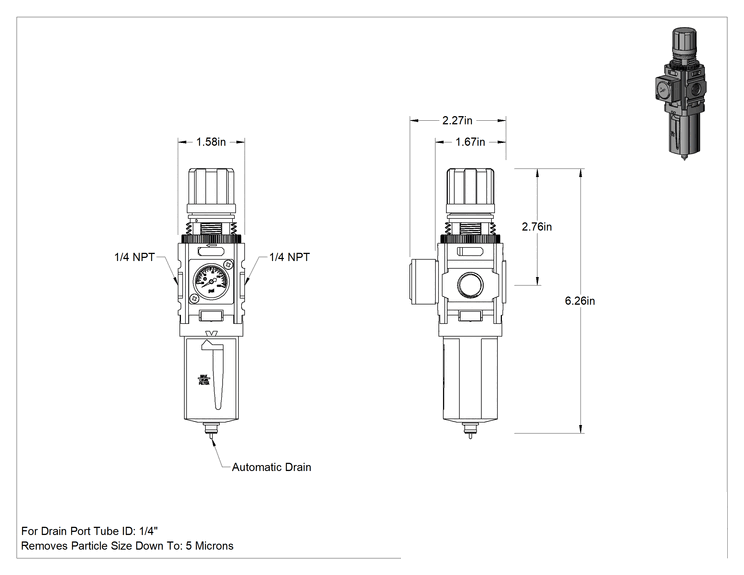 Teknik Çizim - Parker Basınçlı Hava Filtresi/Regülatörü, Seri P31, Otomatik Tahliye, 1/4 NPT Dişi