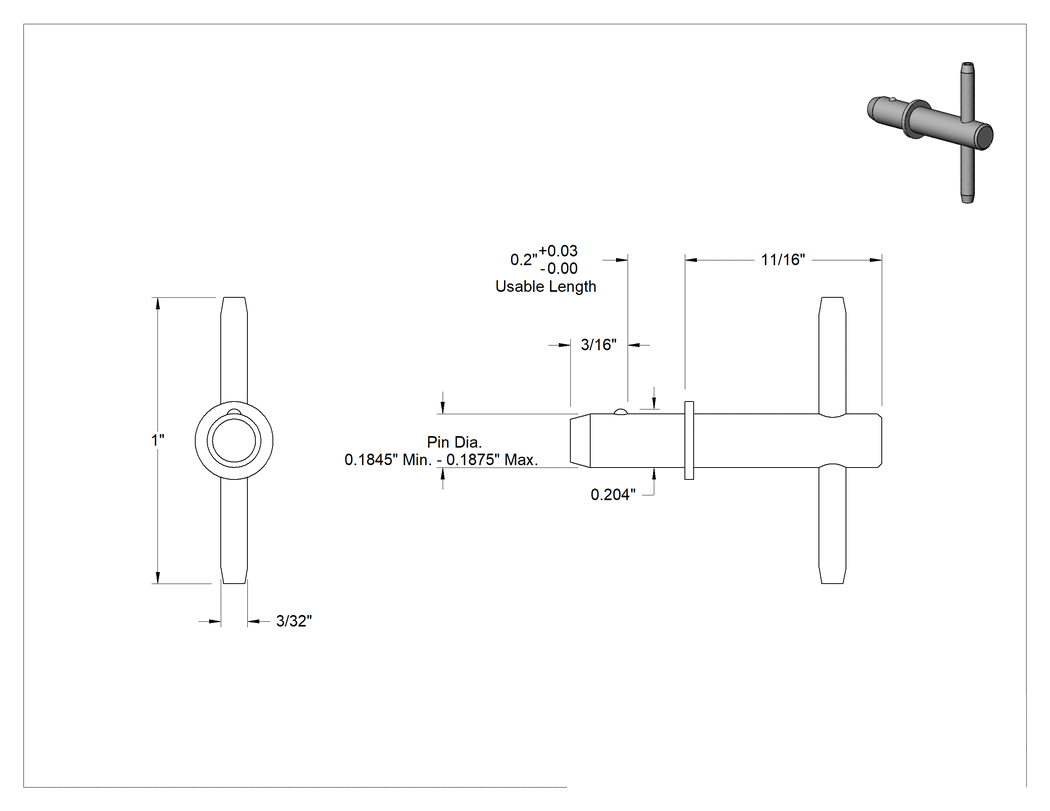 Teknik Çizim - 18-8 Paslanmaz Çelik T-Saplı Hızlı Açma Pimi, 3/16" Çap, 3/16" Kullanılabilir Uzunluk